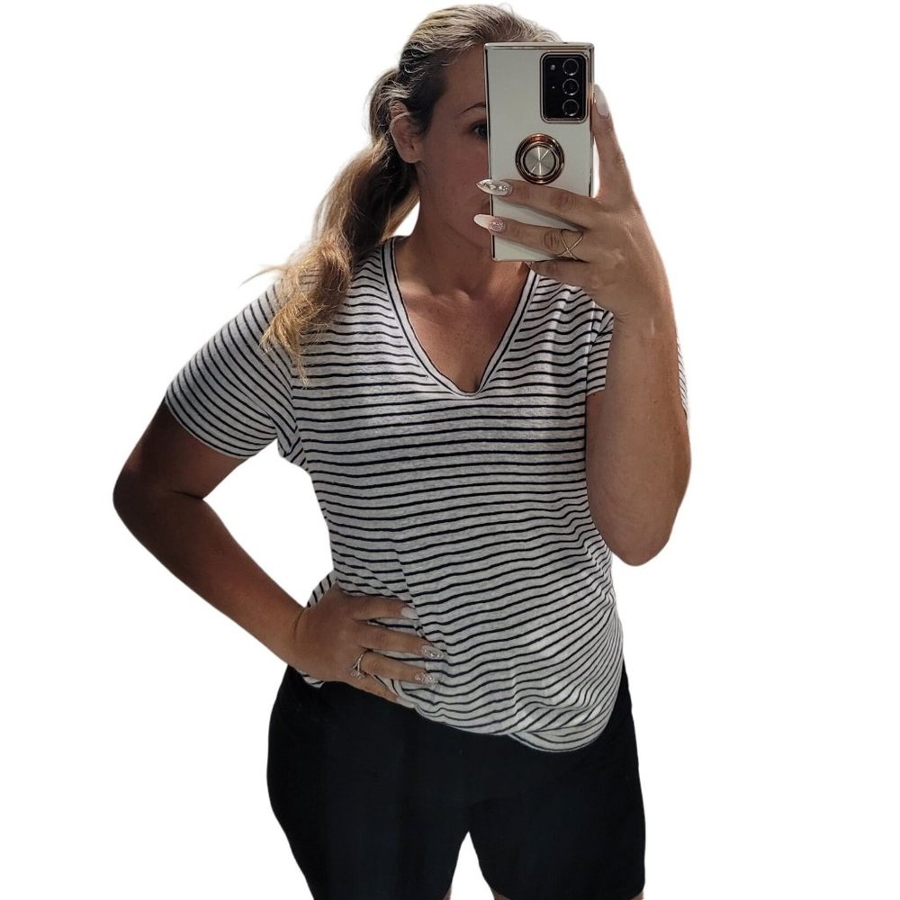 Vineyard Vines NWT linen jet stripe deep bay navy white striped breathable tee L